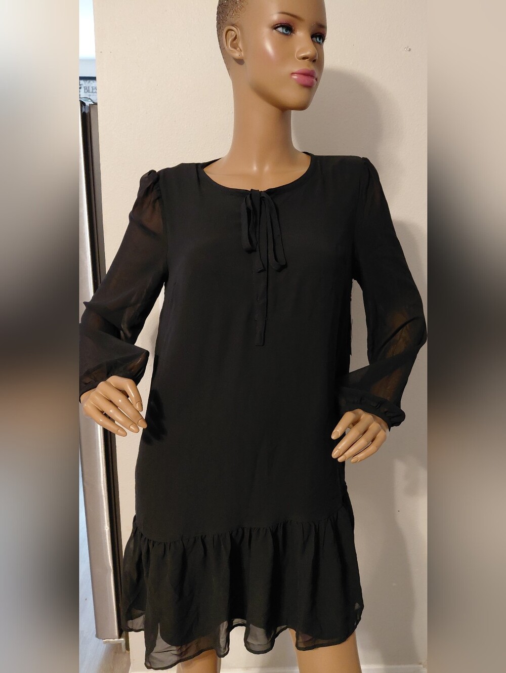 Draper James Black Long-Sleeve Ruffle Hem Dress